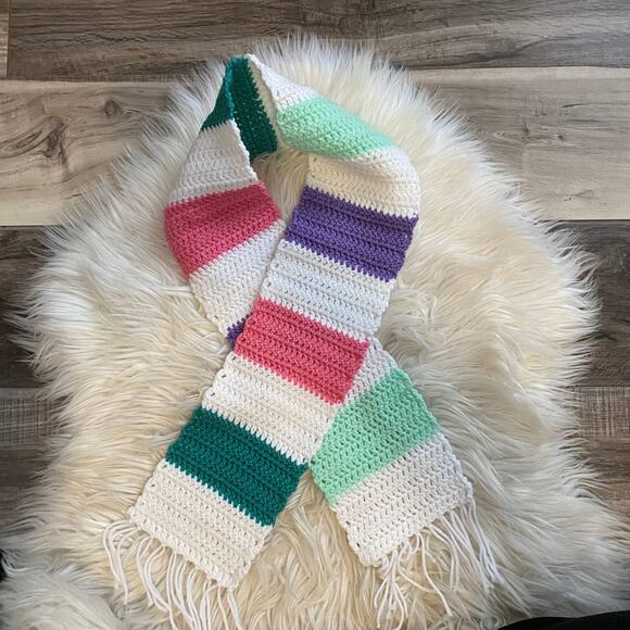 Hand Knit Crochet Rectangle Scarf Purple Pink Green White Fringe - Picture 1 of 2